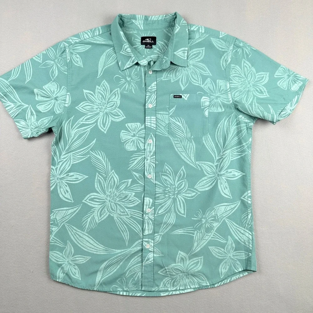 O'Neill Floral Tropical Hibiscus Button Down Shirt Mens XL Teal Green SU4104106X